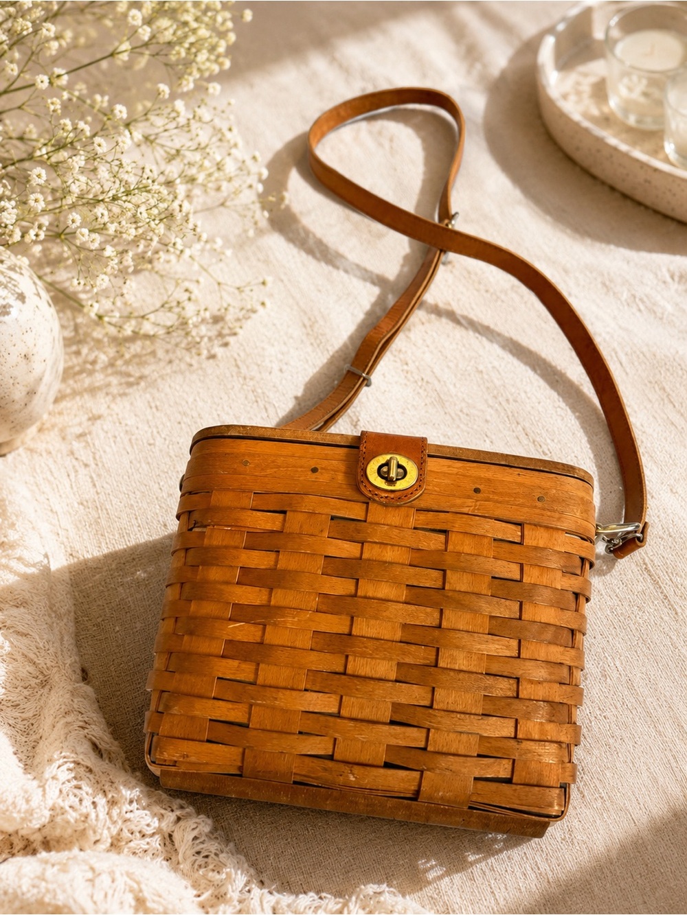 Longaberger Tan Woven Leather Crossbody with Turn-Lock - Picture 1 of 10